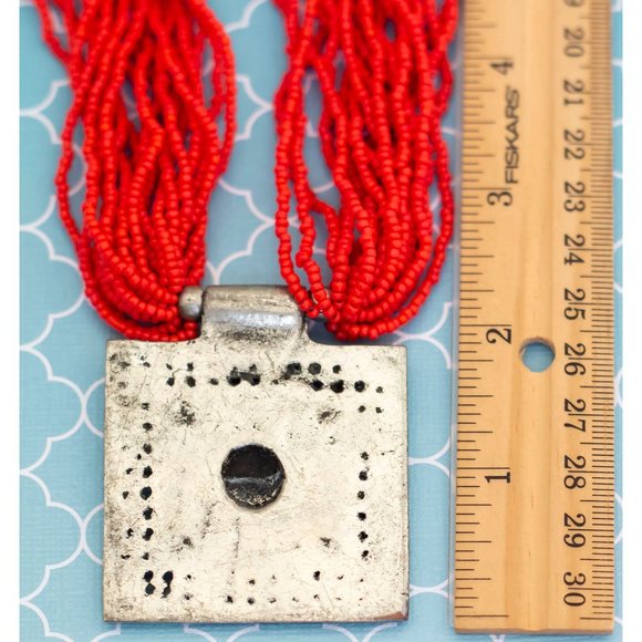 Vintage Geometric Silver Tone Square Red Necklace 22 1/2 inch - R4 - Picture 3 of 3